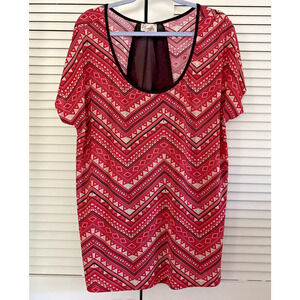 Womens Plus Top 2X Short Sleeve Red Black Round Neck Boho Lavish Plush